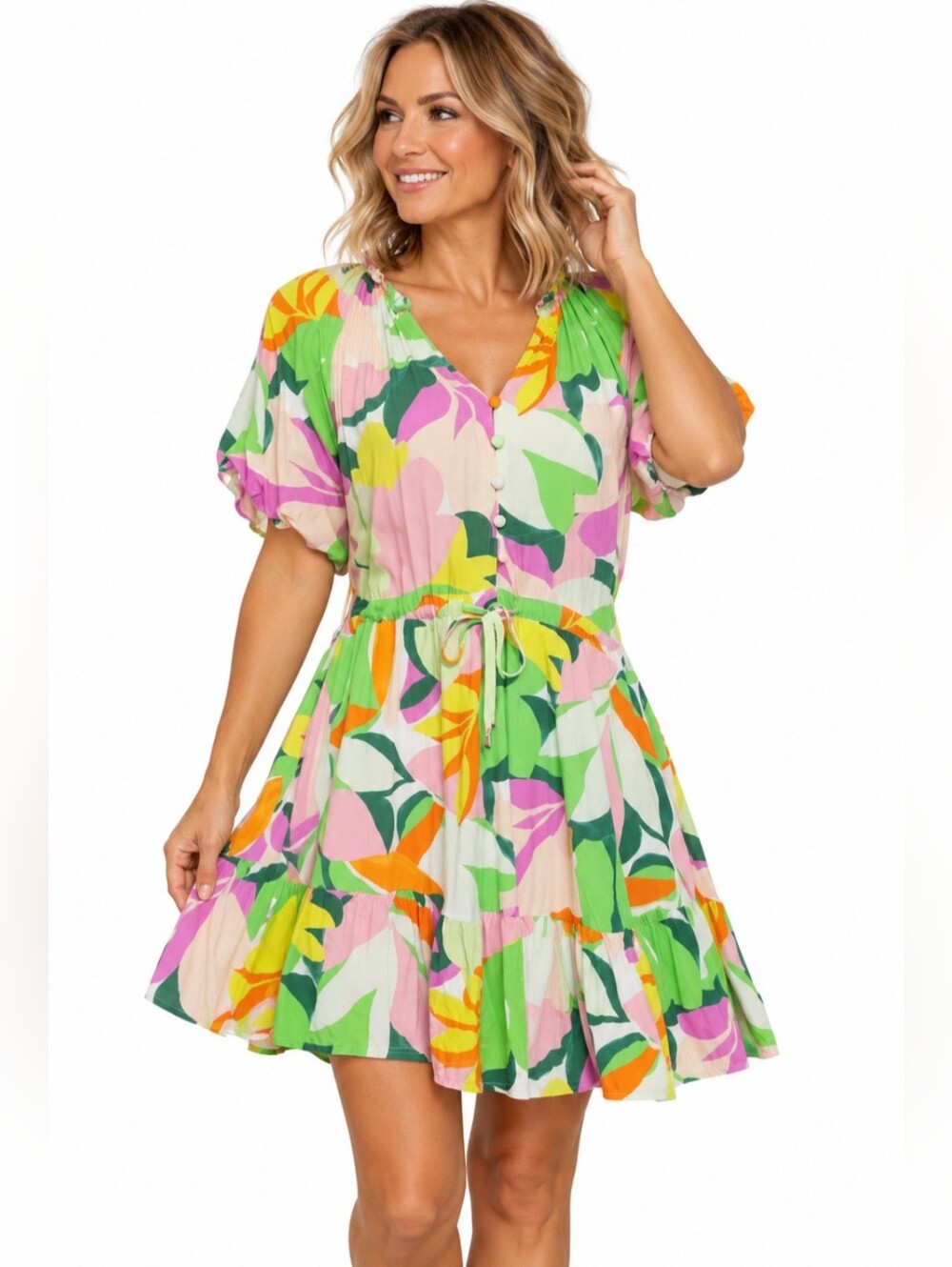 Entro Dress Womens Medium 100% Rayon Tropical Floral Tiered Mini Resort Vacation